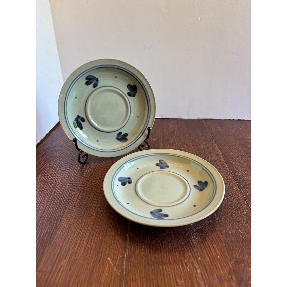 Iron Mountain Stoneware Martha's Flowers Saucers Set 2 Blue Floral 1983 Vintage